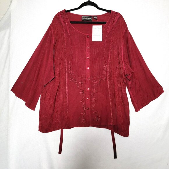 Jewel Queen Womens Tunic Top Sz 3X Button Up 3/4 Sleeves Embroidered Drk Red NWT - Picture 1 of 16